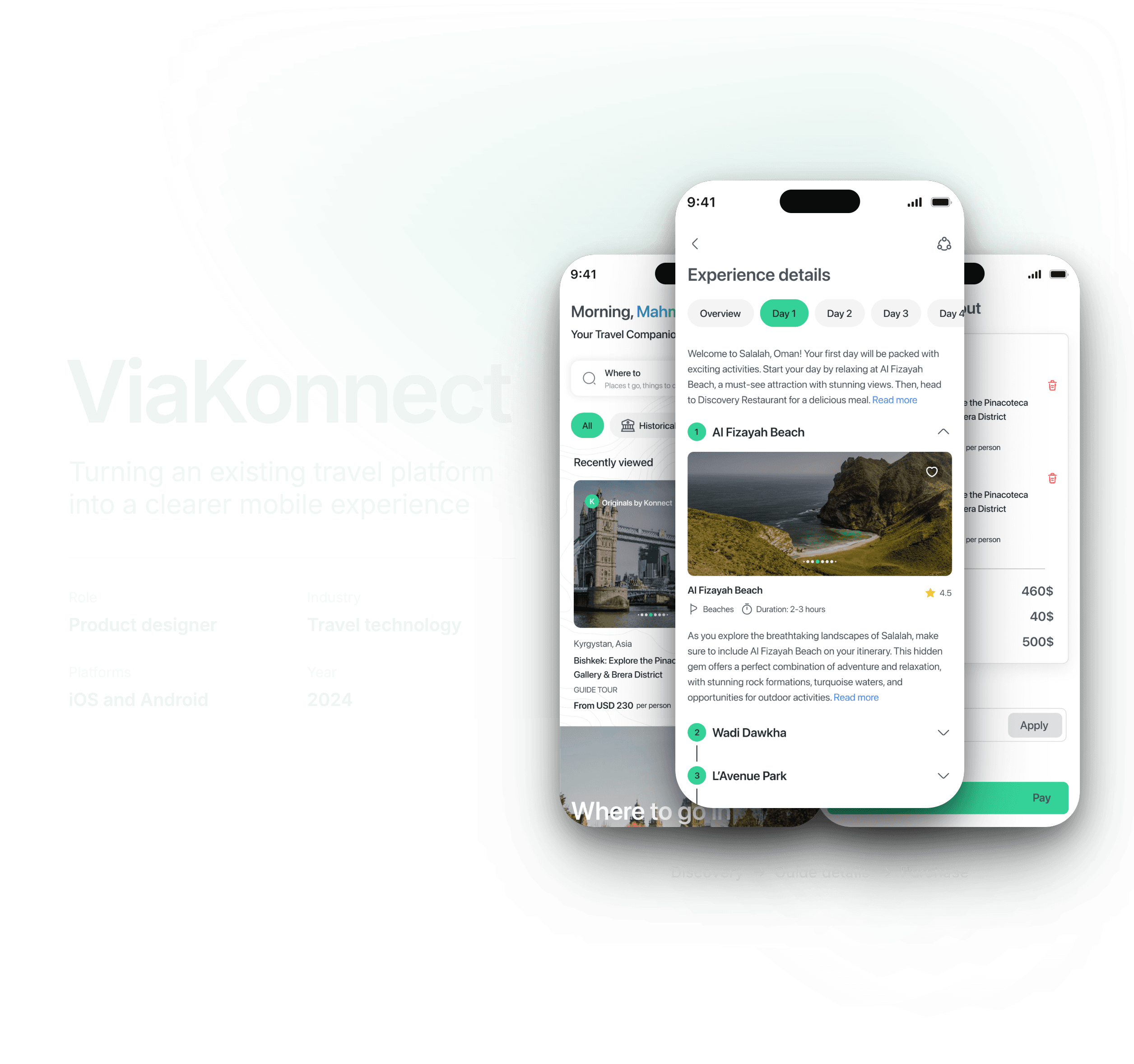 ViaKonnect title card: the line “Turning an existing travel platform into a clearer mobile experience” beside three screens from discovery to guide details to purchase