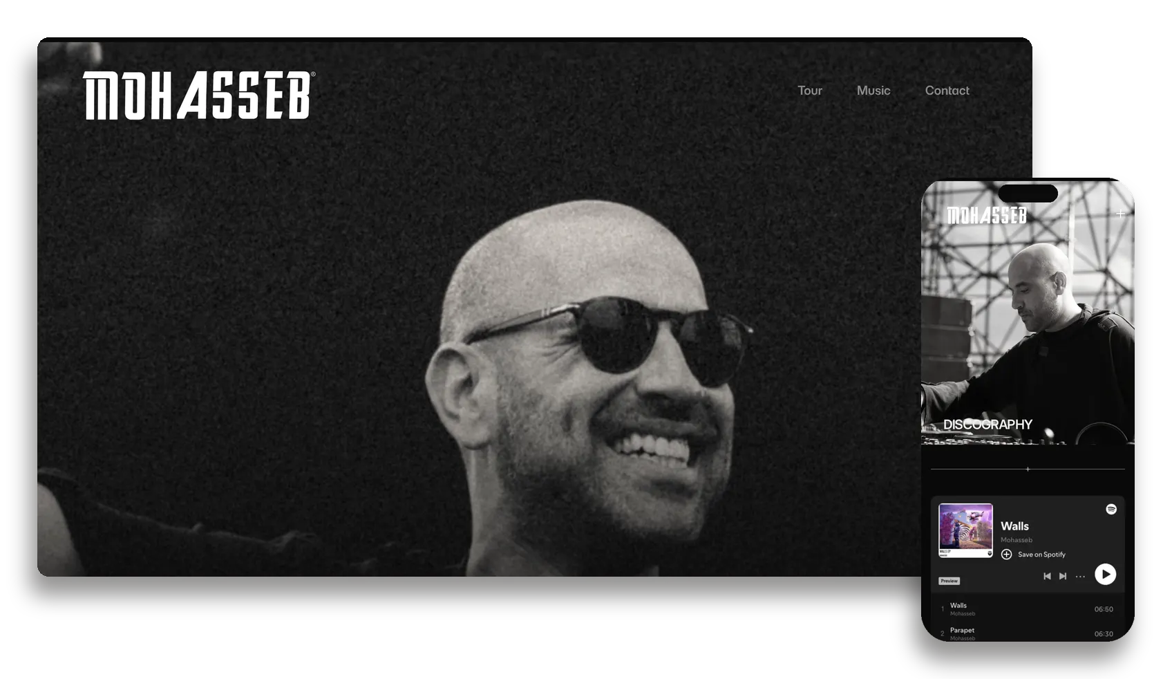 Mohasseb Music on desktop and mobile: the black-and-white hero, and the discography page