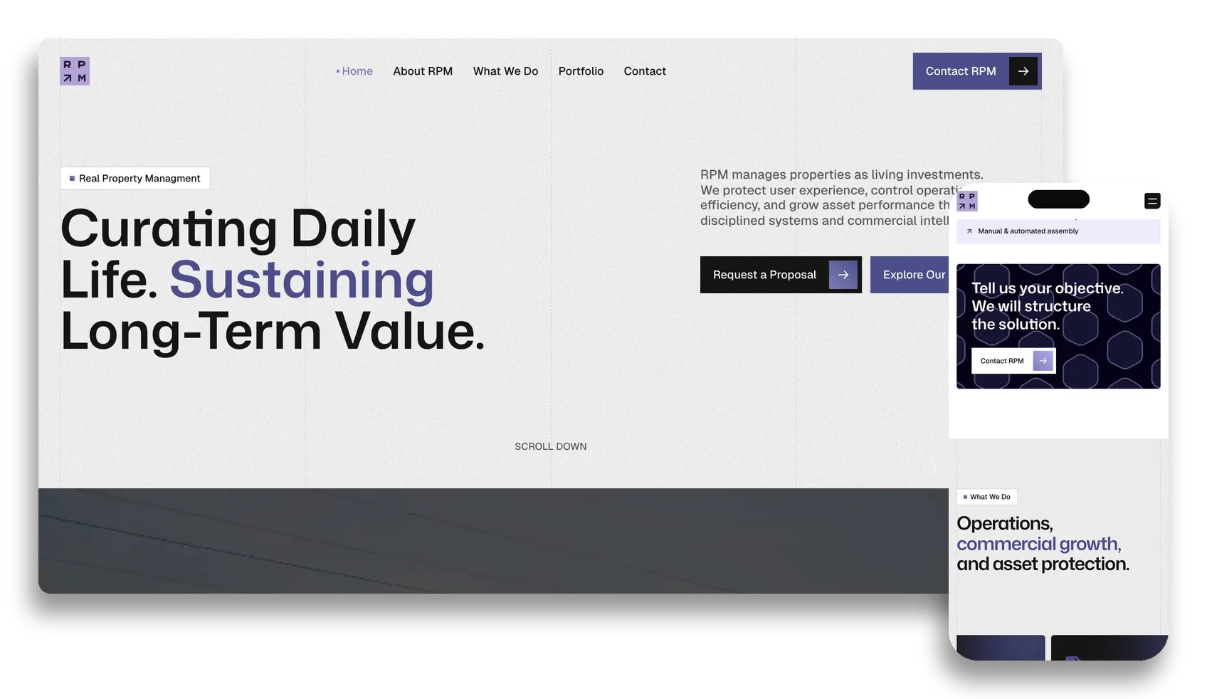 RPM on desktop and mobile: the Curating Daily Life hero, and The Market with live performance numbers